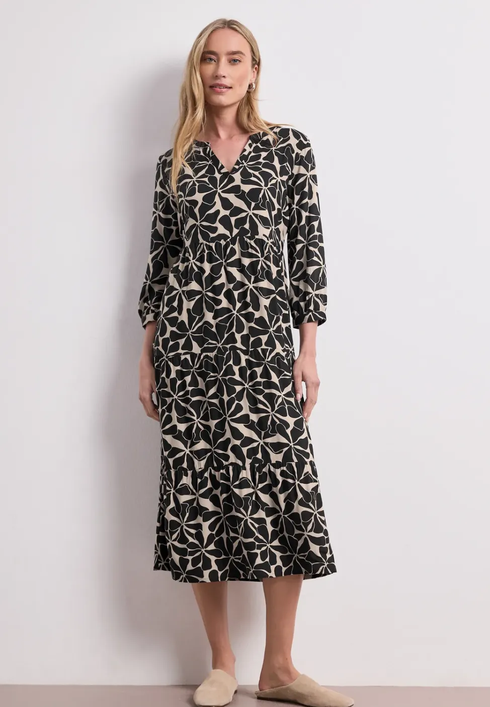 Midi-jurk met gespleten hals in etnische look