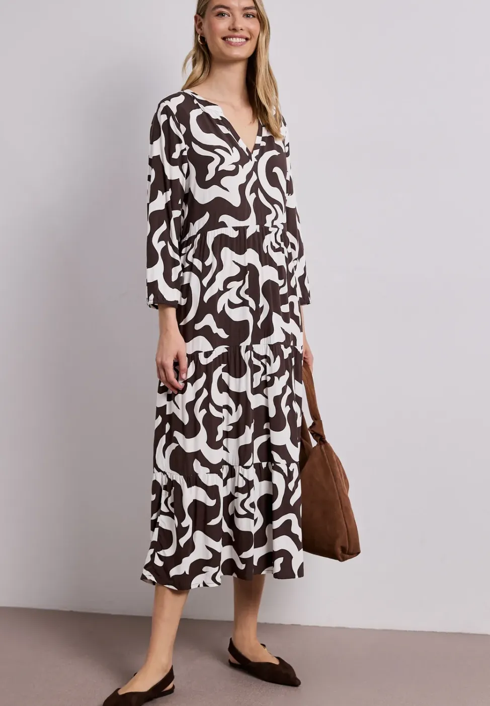 Midi-jurk met gespleten hals en print