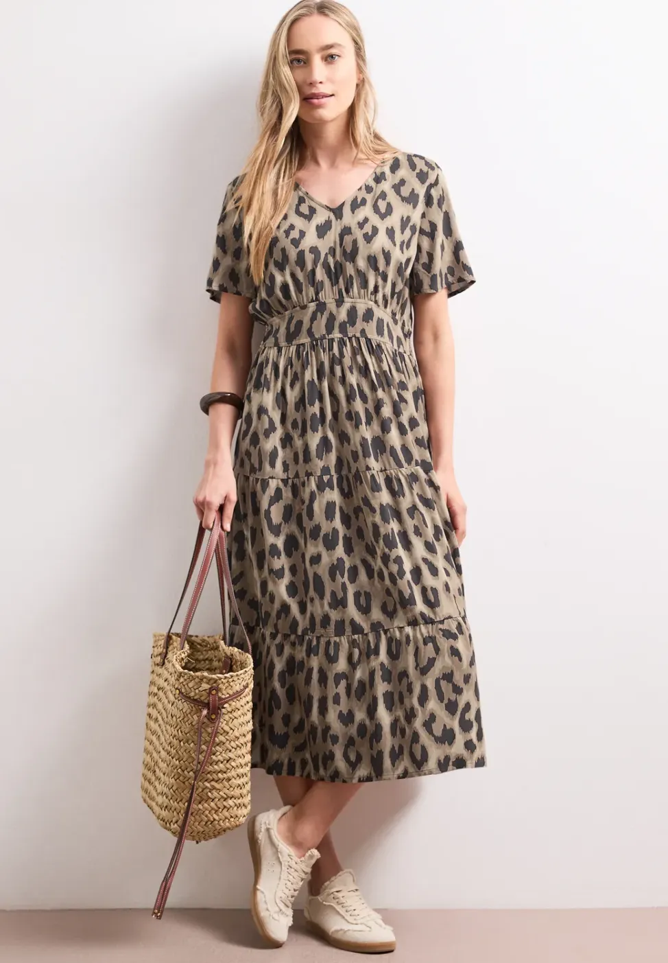 Midi-jurk met print en smokdetail