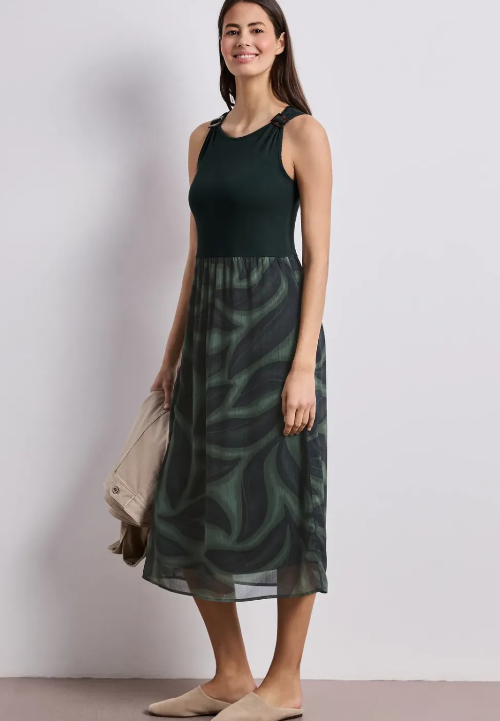 Midi-jurk met structuurmix en print
