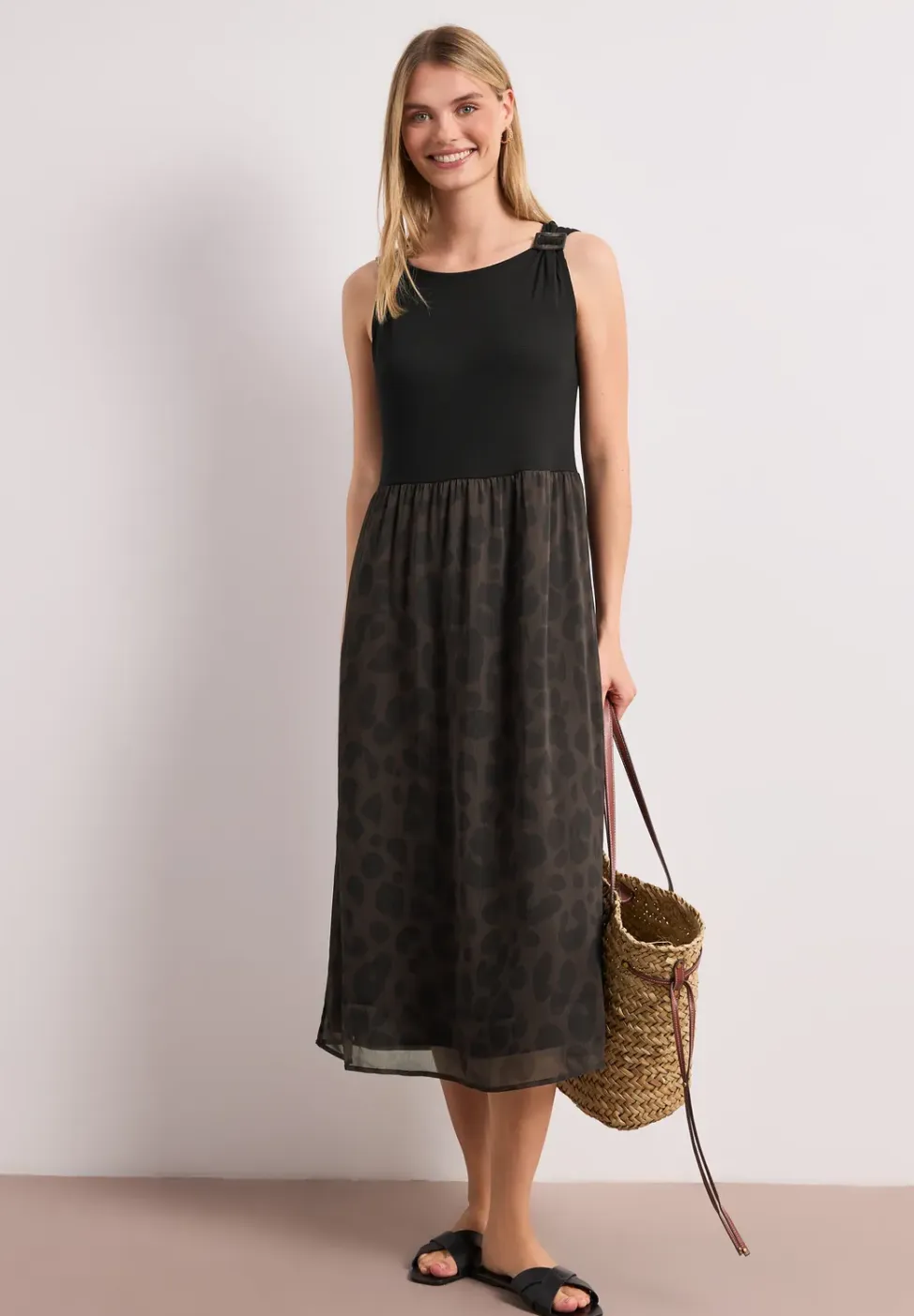 Midi-jurk met structuurmix en print