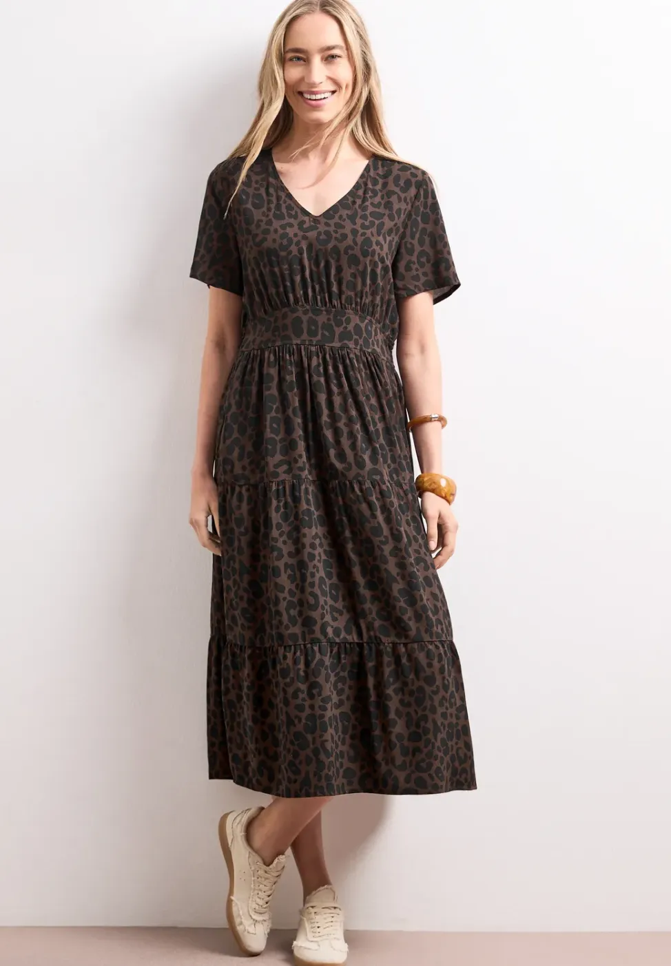 Midi-jurk met print en smokdetail
