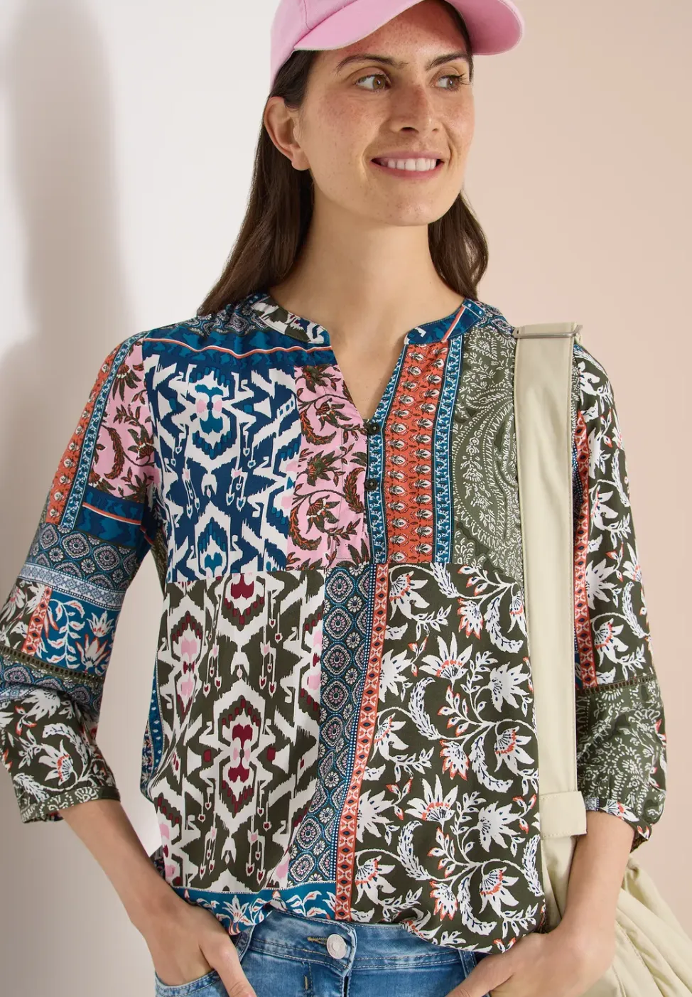 3/4-mouwen blouse met patchworkprint