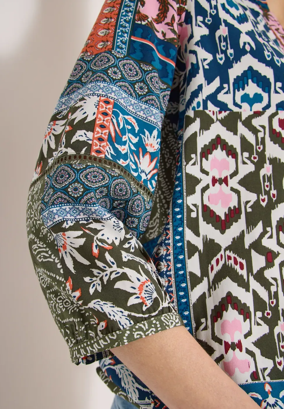 3/4-mouwen blouse met patchworkprint