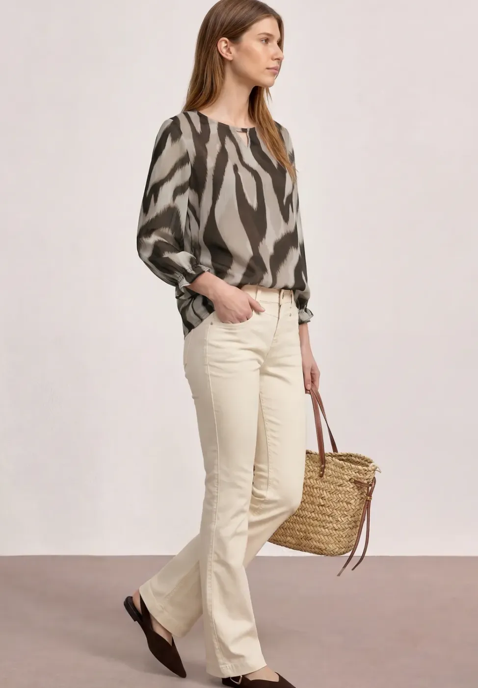3/4-mouwen blouse met ronde hals in chiffon