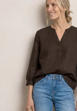3/4-mouwen blouse van linnenmix met gespleten hals