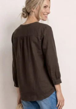 3/4-mouwen blouse van linnenmix met gespleten hals