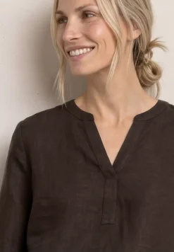 3/4-mouwen blouse van linnenmix met gespleten hals