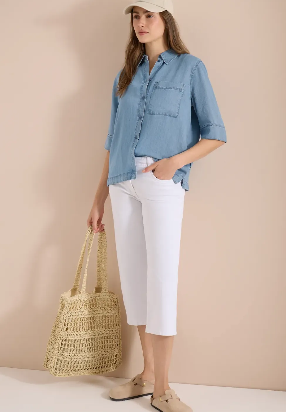 Overhemdblouse met korte mouwen in denimlook