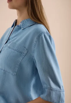 Overhemdblouse met korte mouwen in denimlook