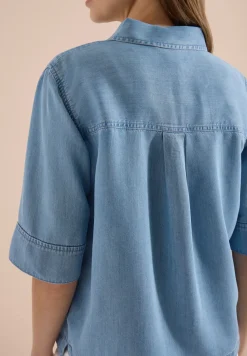Overhemdblouse met korte mouwen in denimlook