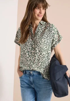 Overhemdblouse met leoprint in linnenmix