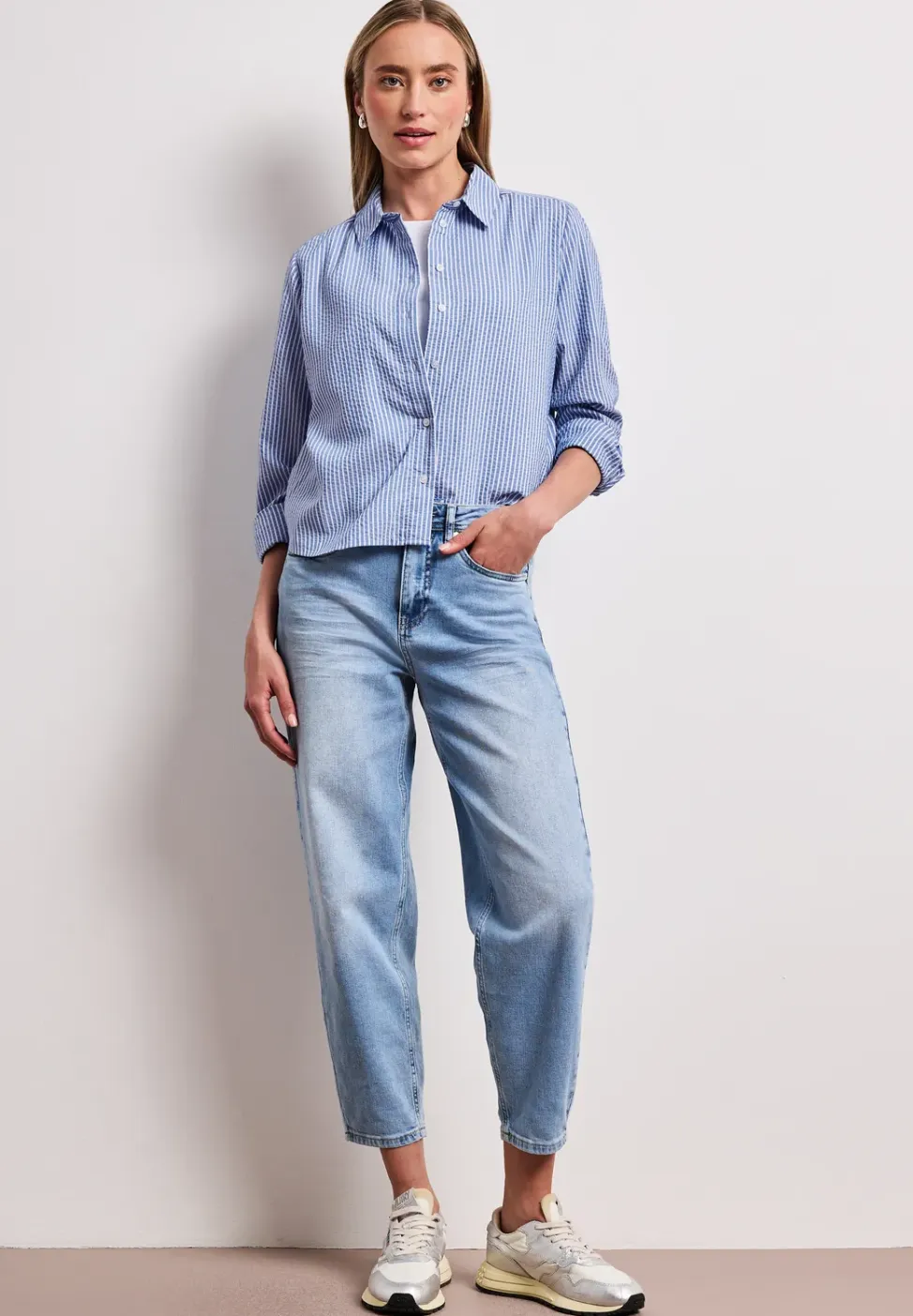 Seersucker blouse met lange mouwen
