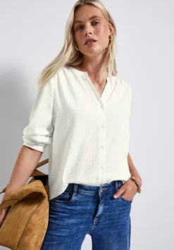 Seersucker blouse met gespleten hals