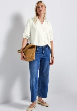 Seersucker blouse met gespleten hals