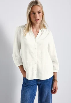 Seersucker blouse met gespleten hals