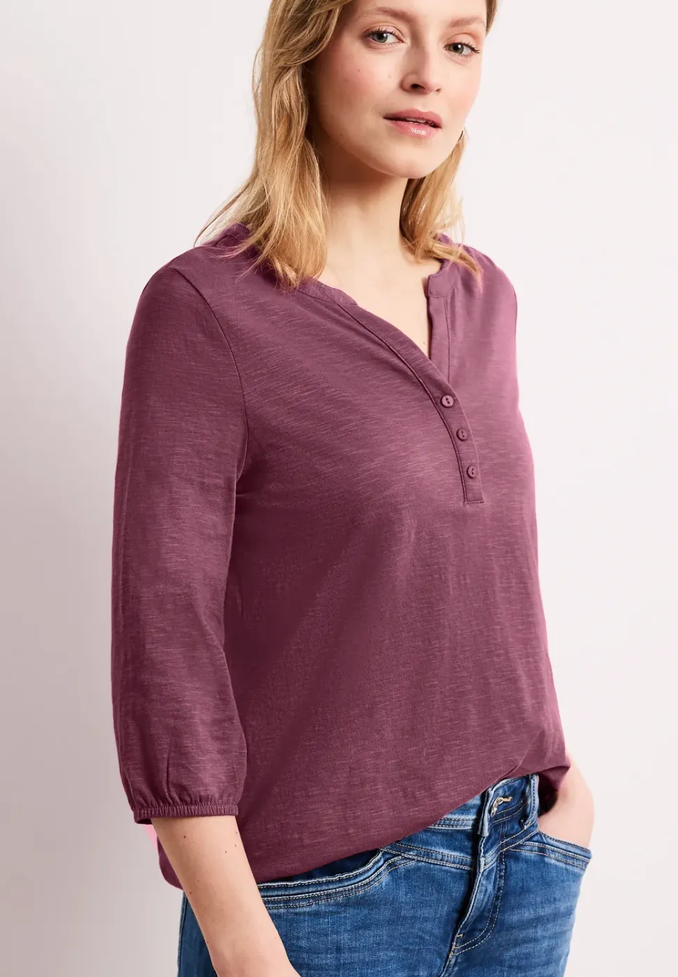 Shirt met 3/4-mouwen, split neck en knopen