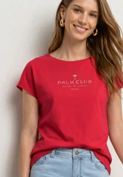 Shirt met hangende schouder en tekst
