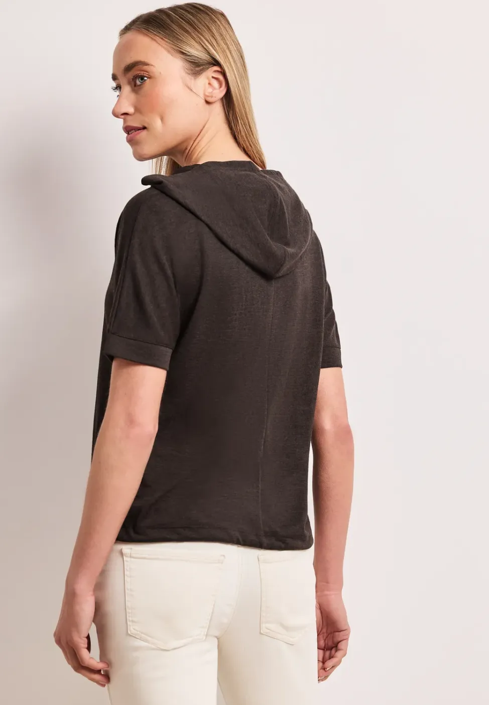 Shirt met korte mouwen en capuchon met trekkoord