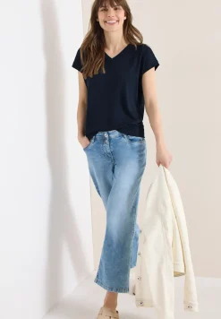 Shirt met korte mouwen en V-hals in effen kleur