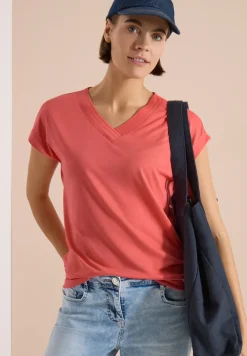 Shirt met korte mouwen en V-hals in effen kleur