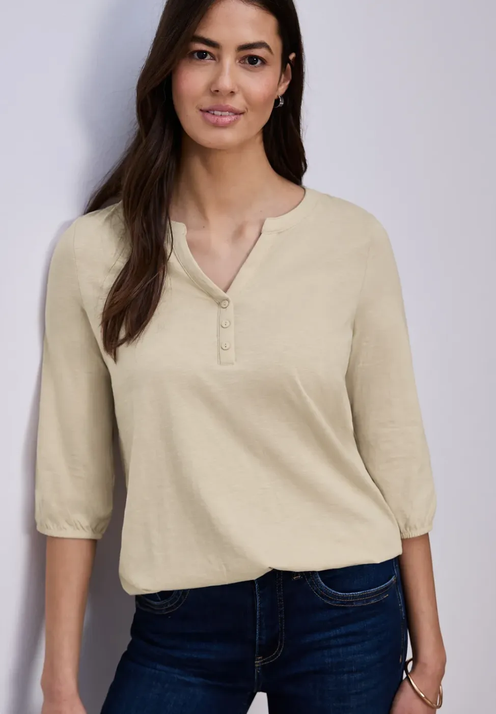 Shirt met 3/4-mouwen, split neck en knopen