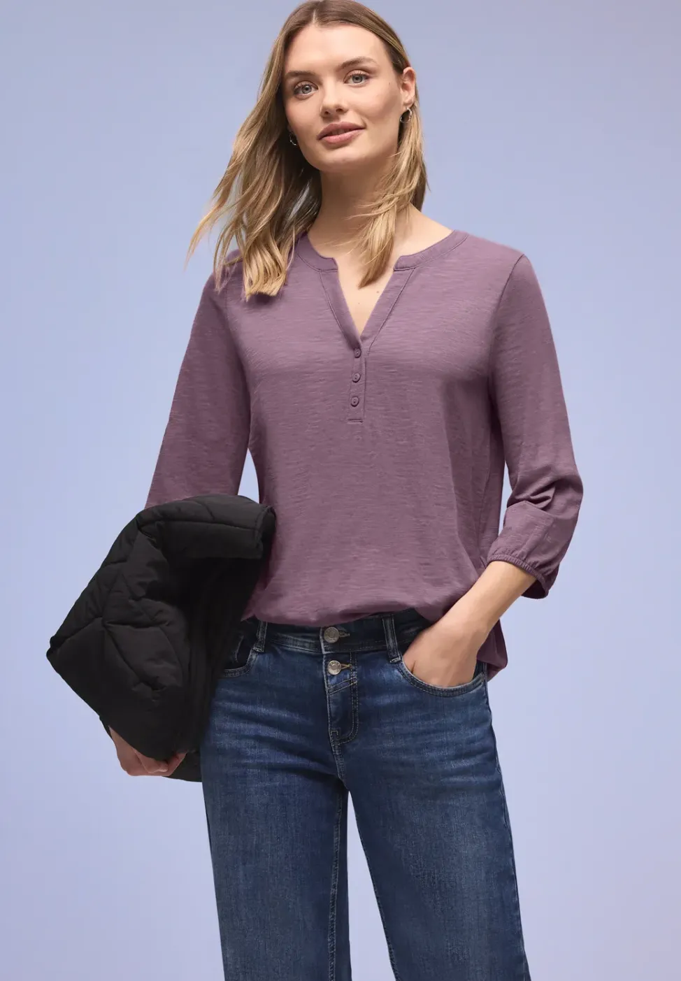 Shirt met 3/4-mouwen, split neck en knopen