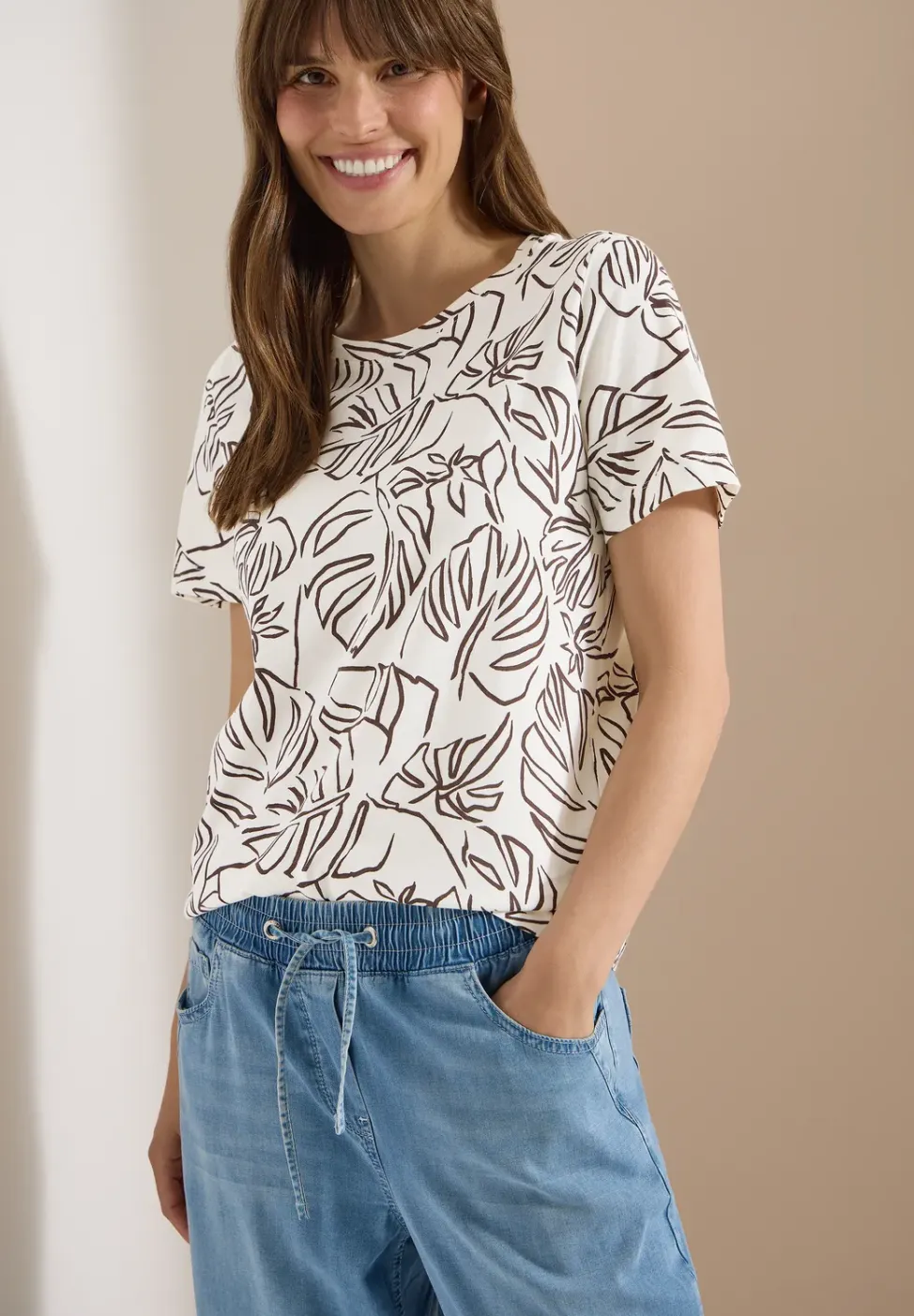 Shirt met ronde hals en bladprint
