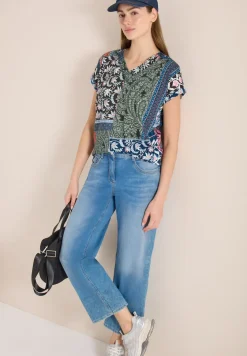 Shirt met V-hals en patchworkprint