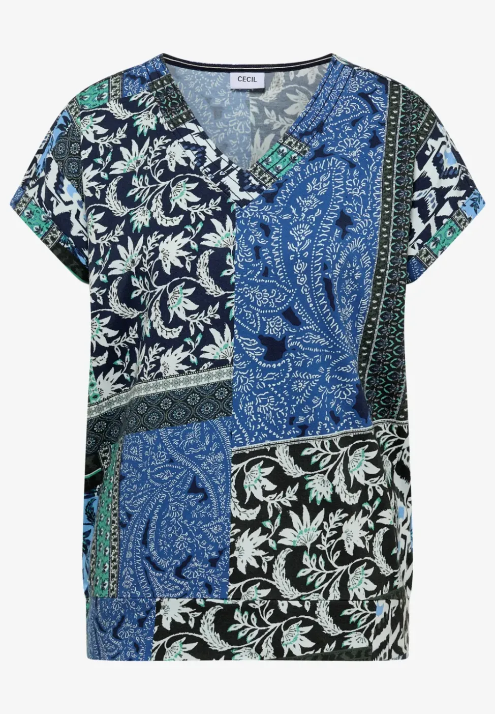Shirt met V-hals en patchworkprint