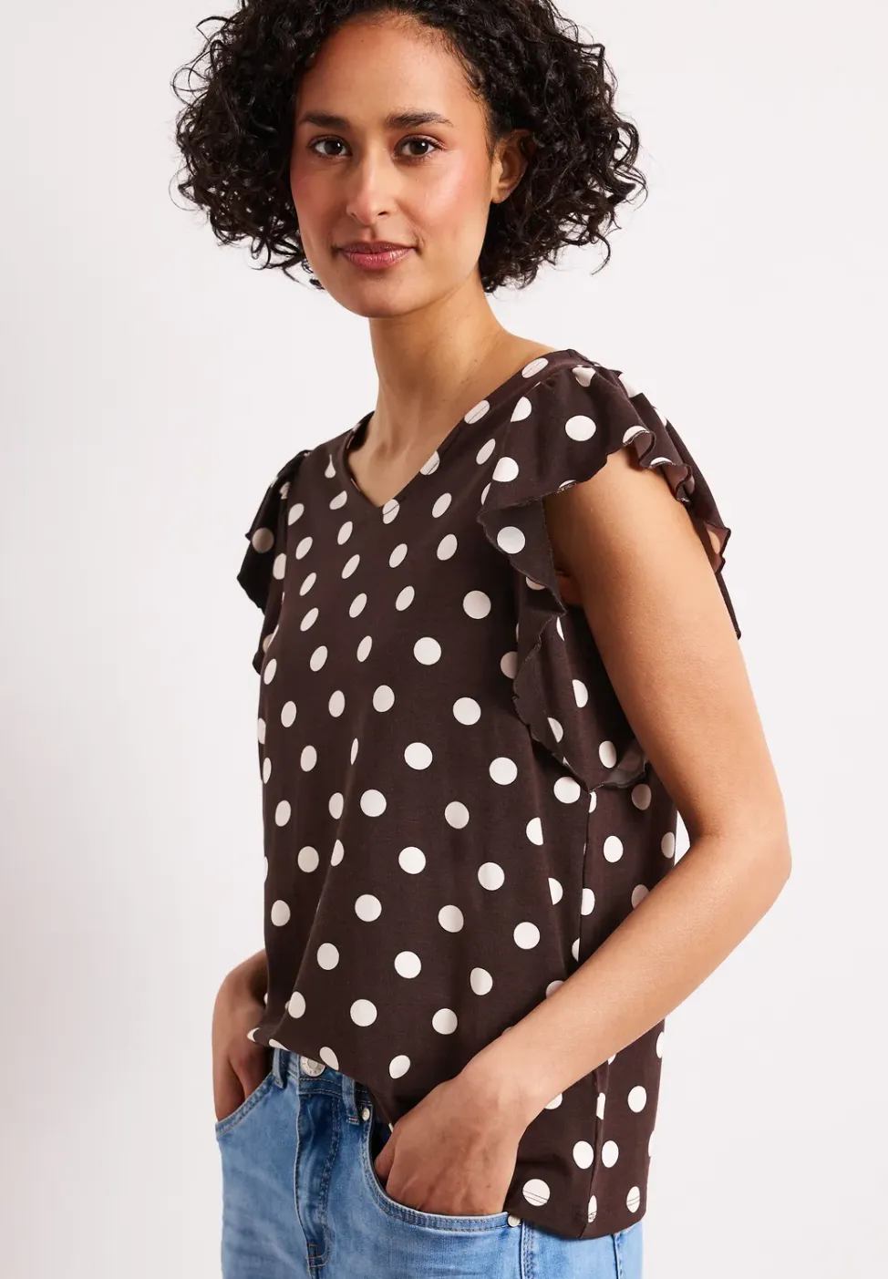 Shirt met V-hals en volantmouwen