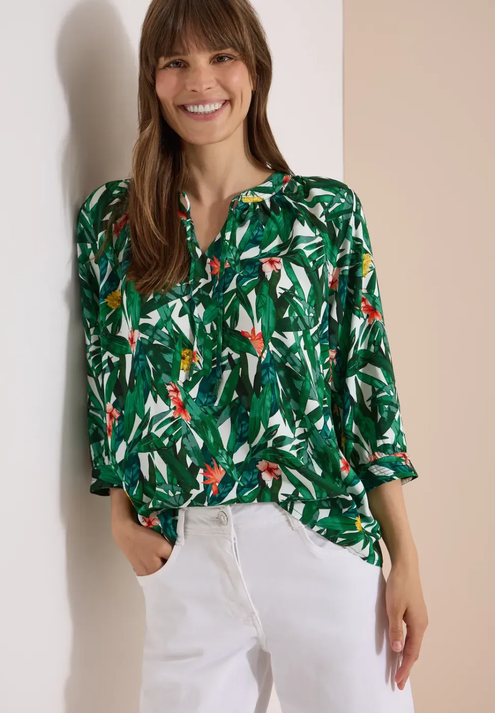 Tuniek met 3/4 mouwen, gespleten hals en print